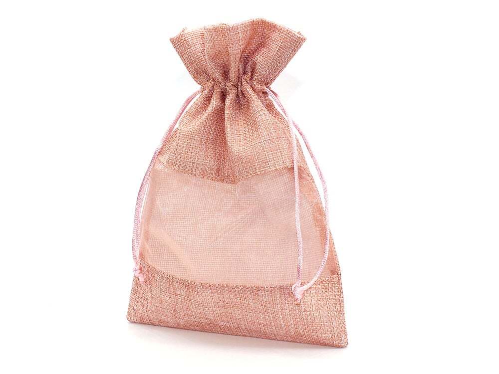 巾着袋 ラッピング 包装 巾着ポーチ 小物入れ (15cm×22cm) 麻布×オーガンジー (ピンク) (1個)_画像1