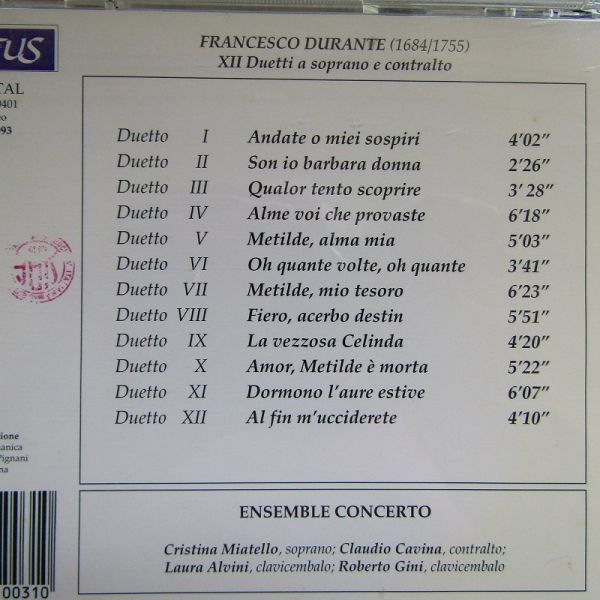 【TACTUS】フランチェスコ・ドゥランテ「12のソプラノとカウンターテナーのための歌曲」アンサンブル・コンチェルト　1993年_画像2