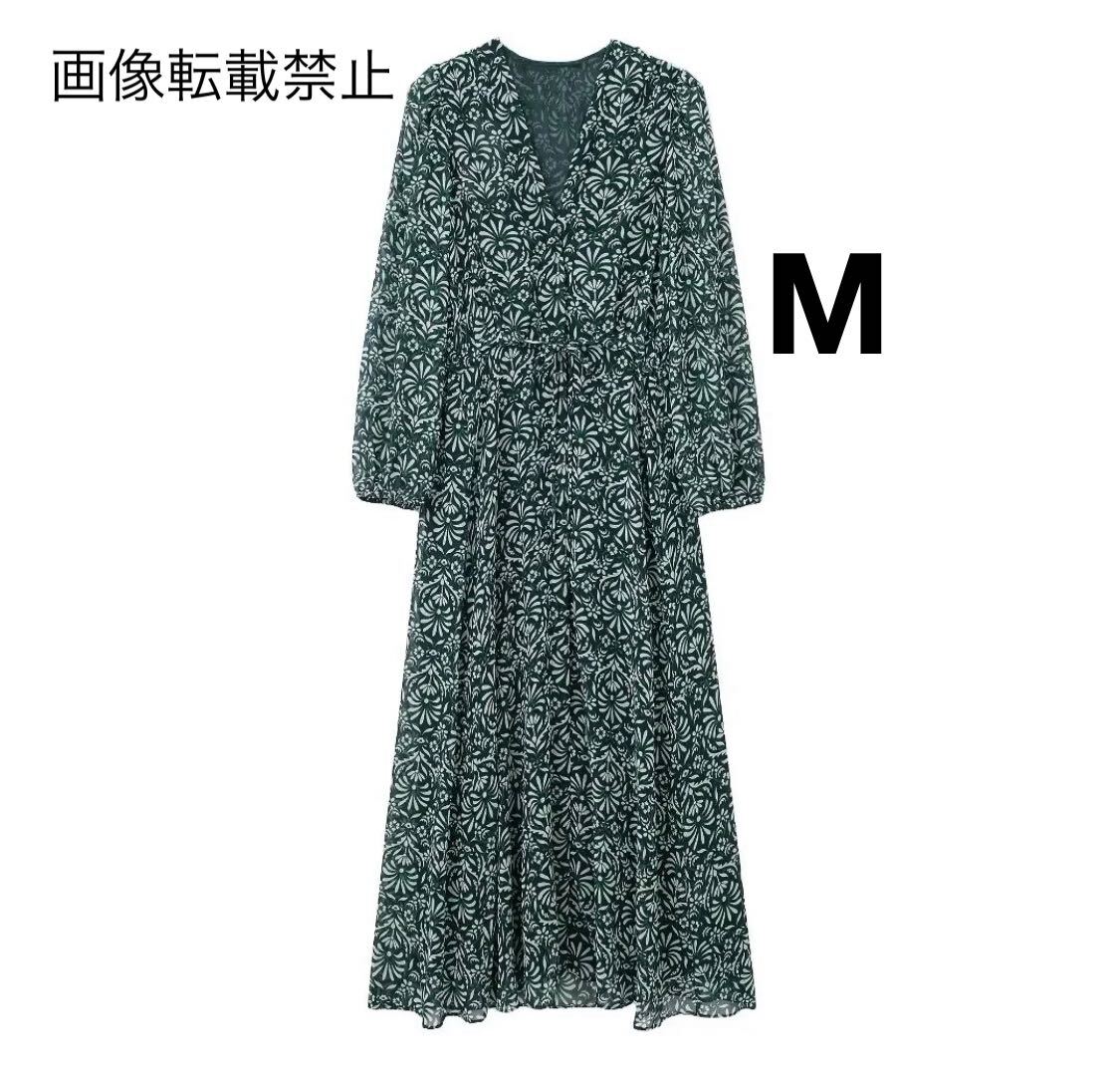 green vintage ヴィンテージ レトロ 柄 Vネック ロング ワンピース Mサイズ レディース★ZARA 好きな方に★2024 S/S 春新作 新品未使用★_画像1