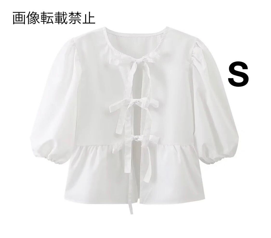 white vintage ヴィンテージ レトロ リボン ブラウス カーディガン トップス Sサイズ レディース★ZARA 好きな方に★2024 春新作 新品★_画像1