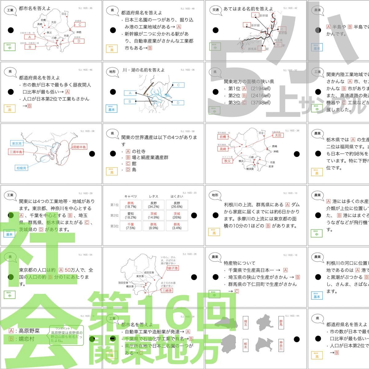 中学受験 暗記カード【5年上 社会・理科11-19回】予習シリーズ 組み分け対策