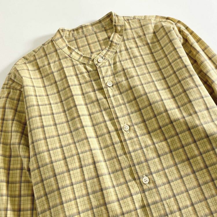 77d12 日本製 Papas パパス 長袖シャツ チェックシャツ バンドカラーシャツ M イエロー×ホワイト コットン100％ メンズ 紳士服_画像3