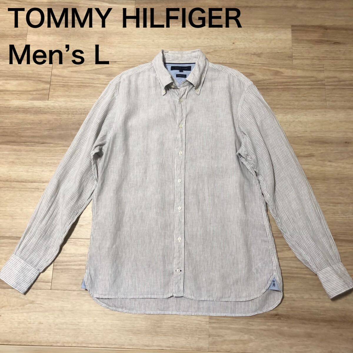 【送料無料】TOMMY HILFIGERリネン100%長袖シャツ　グレー白ストライプ柄　メンズLサイズ　トミーヒルフィガー麻