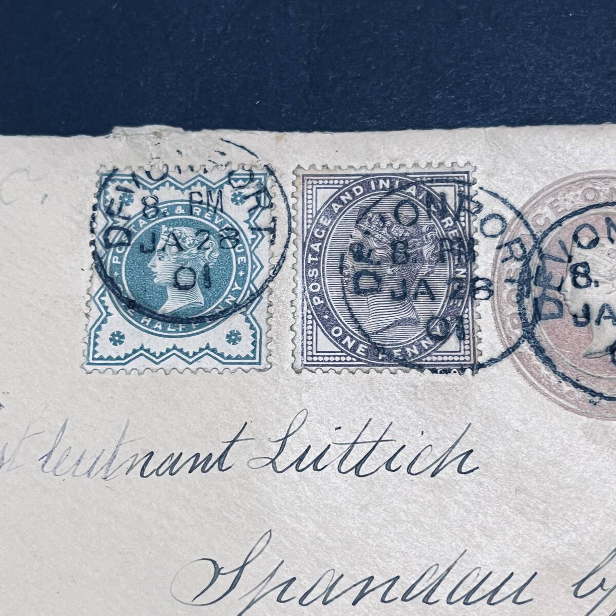 イギリス 1887年/1901年 切手加貼ステーショナリー使用例2通ロット 1/2p帯封および1p封皮 ドイツ宛 エンタイアの画像3