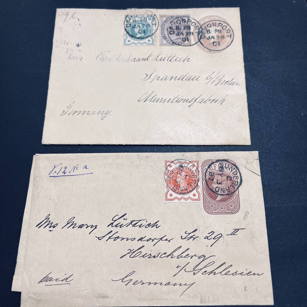イギリス 1887年/1901年 切手加貼ステーショナリー使用例2通ロット 1/2p帯封および1p封皮 ドイツ宛 エンタイアの画像1