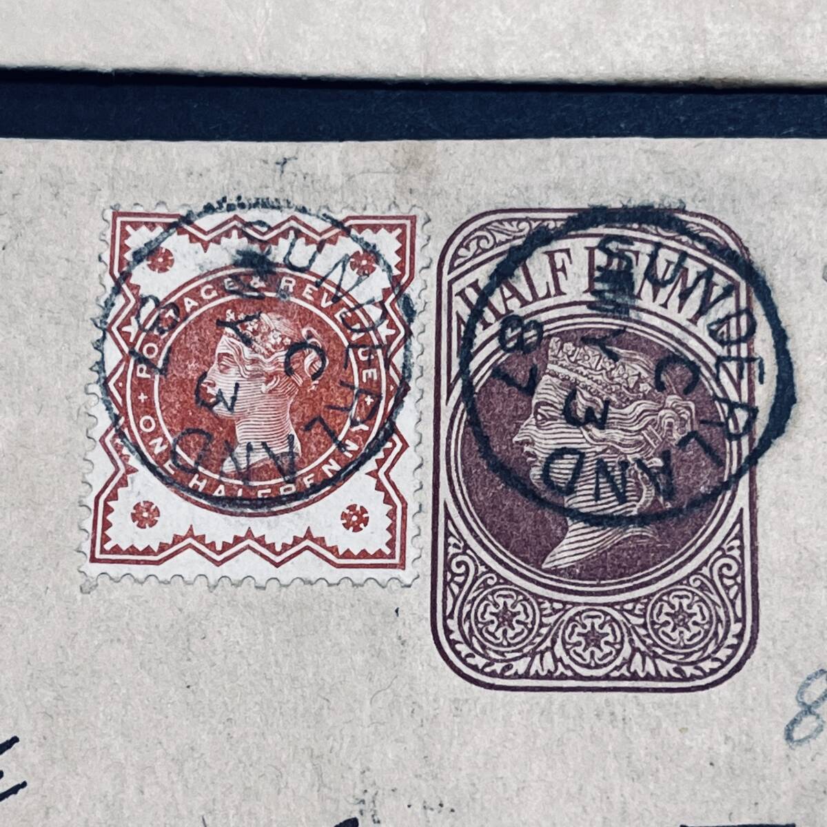 イギリス 1887年/1901年 切手加貼ステーショナリー使用例2通ロット 1/2p帯封および1p封皮 ドイツ宛 エンタイアの画像5