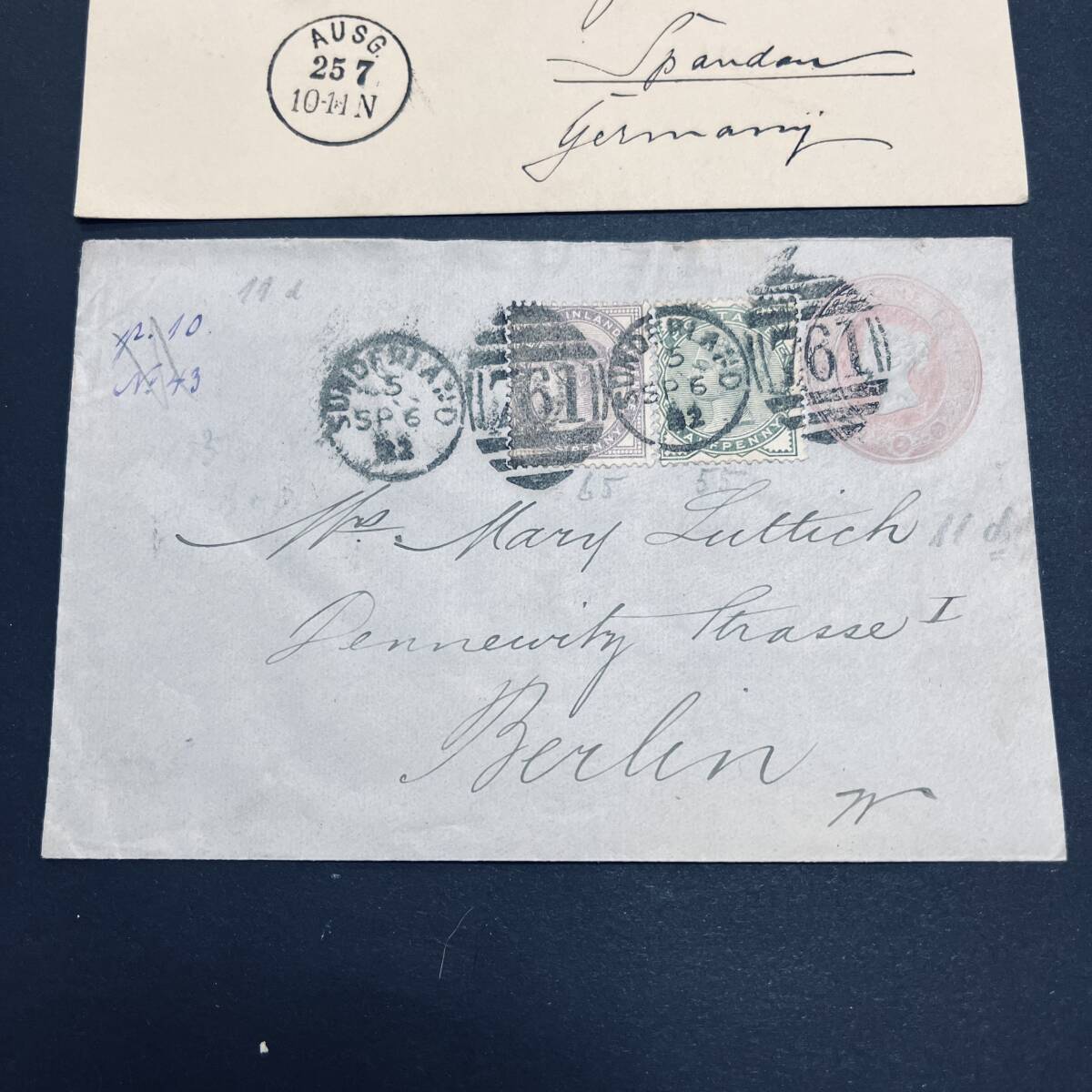 1884年/1892年 イギリス 切手加貼ステーショナリー使用例 2通ロット 1p葉書と1p封皮 ドイツ宛 エンタイア_画像4