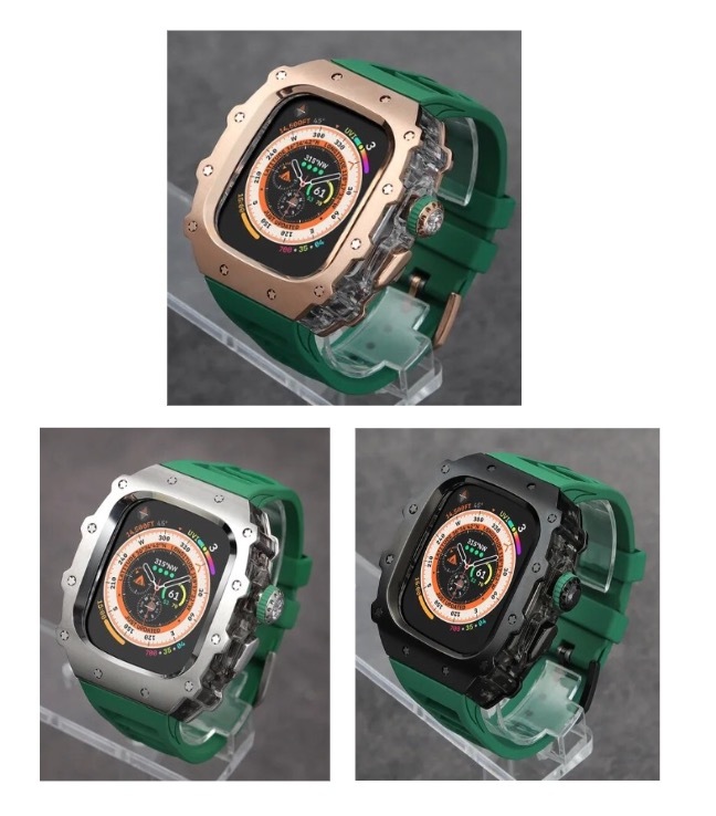 【高品質】Apple Watch 高級メタルケース クリスタルボタン シリコンベルト バンド シルバー/オレンジ Ultra/9/8/7/6/5/4/se 44/45/49mm_他カラー出品中