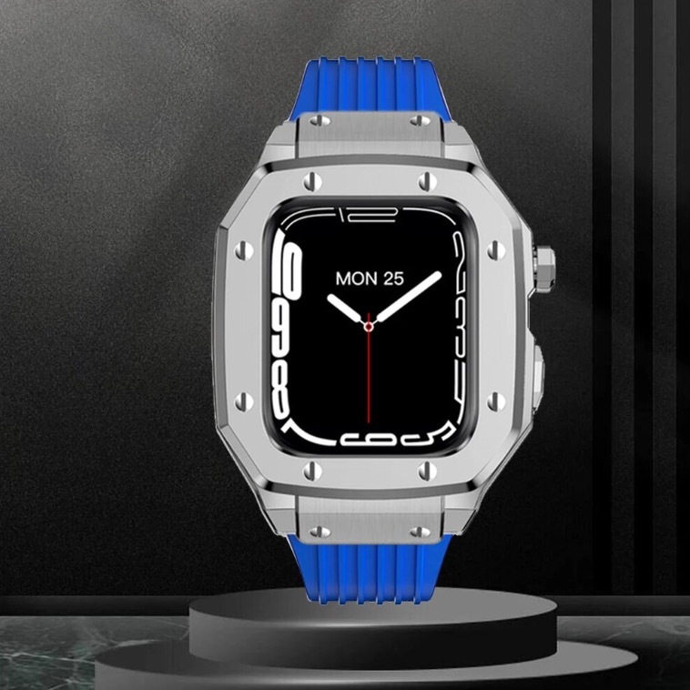 期間限定価格【高品質】Apple Watch DW5600 高級メタリックケース + シリコンベルト バンド シルバー/ブルー 8/7/6/5/4/se 44mm 45mm_画像1