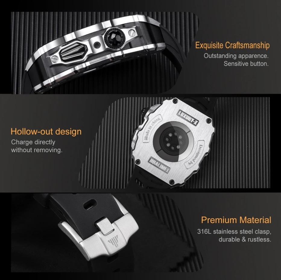 【高品質】Apple Watch 専用BOX付属 高級メタルケース シリコンベルト バンド ブラック/レッド/S SE 6 5 4 44/45mm メタリックケース_画像2