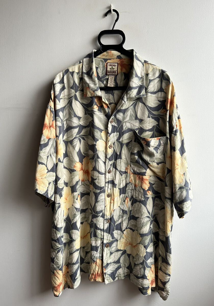 【美品】Tommy Bahama アロハシャツ オープンシャツ メンズ XXL ハイビスカス×リーフ柄 ネイビー 紺 シルク100% トミーバハマ_画像2