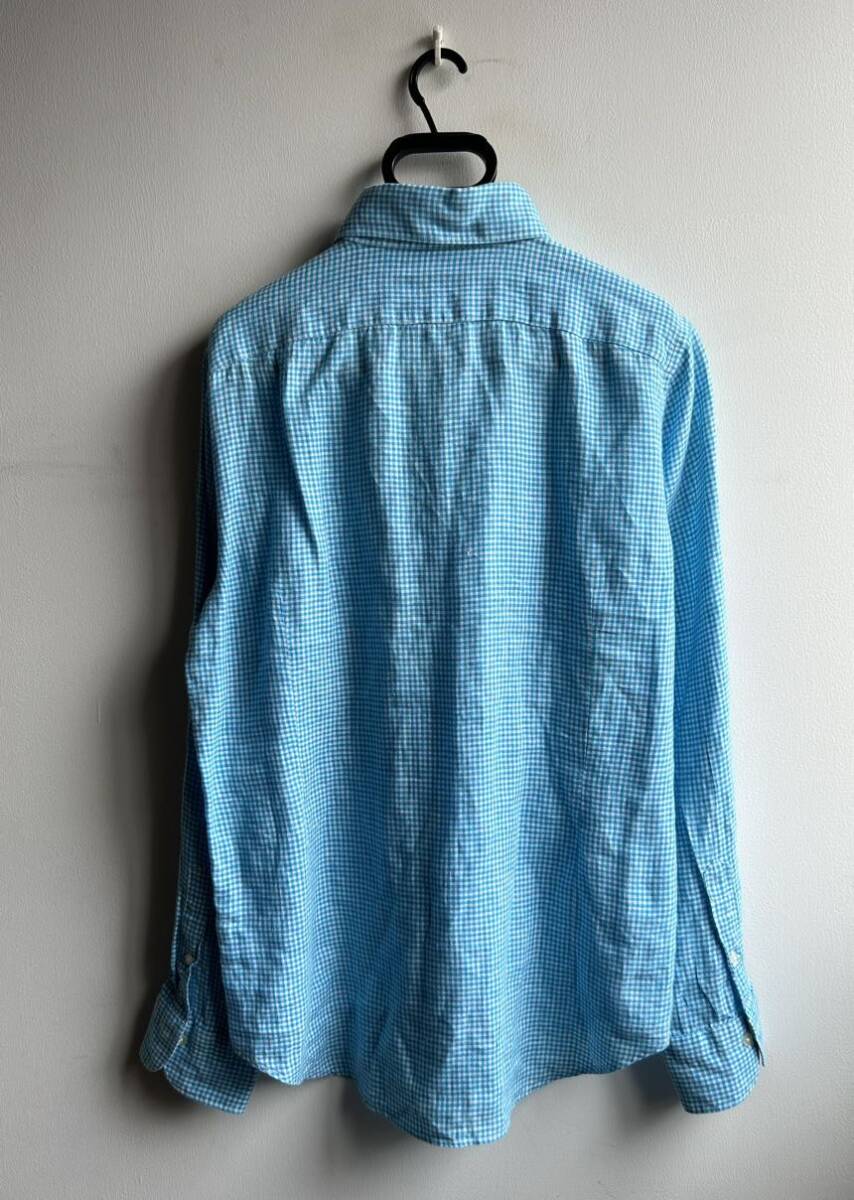 【美品】ESTNATION シャツ リネンシャツ メンズ L チェック ブルー×ホワイト 麻100% 麻シャツ ホリゾンタルカラー エストネーションの画像3