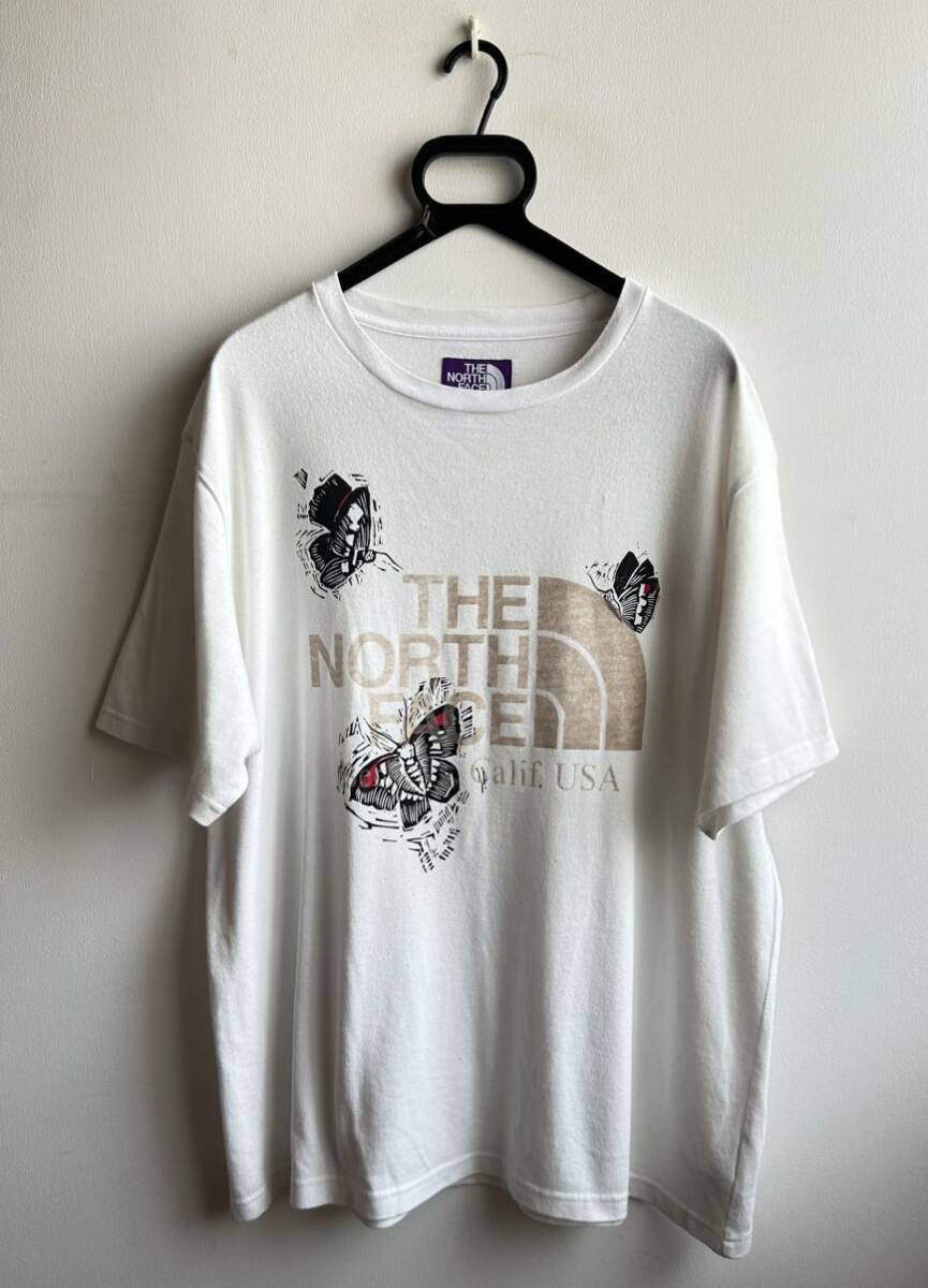 【美品】THE NORTH FACE PURPLE LABEL Tシャツ メンズ L ホワイト 白 ロゴ×蝶々 nanamica 日本製 ザ ノース フェイス パープル レーベル