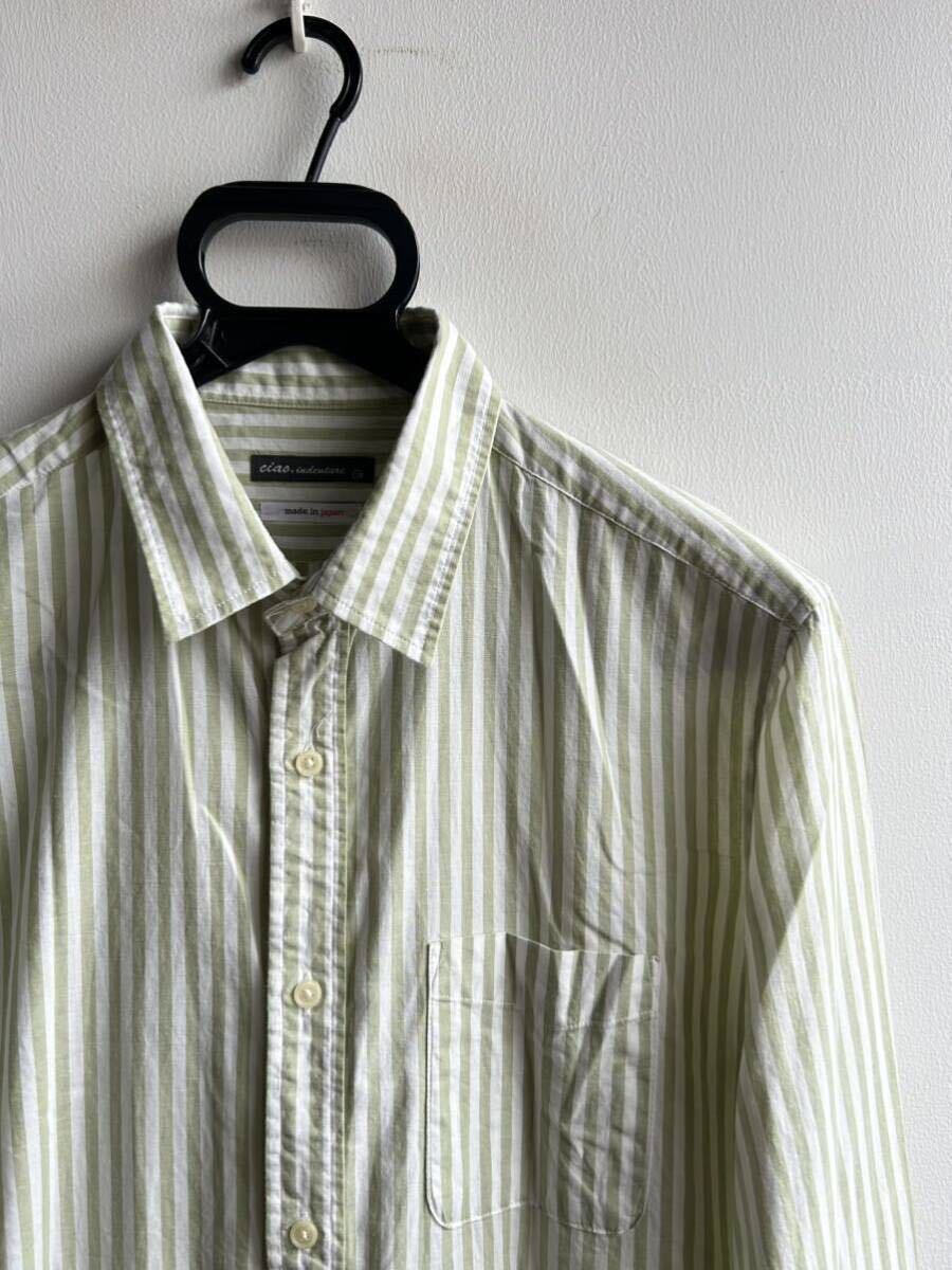 【格安】ciao シャツ メンズ サイズ3 ストライプ 白×緑 コットン100% 日本製 チャオ _画像1
