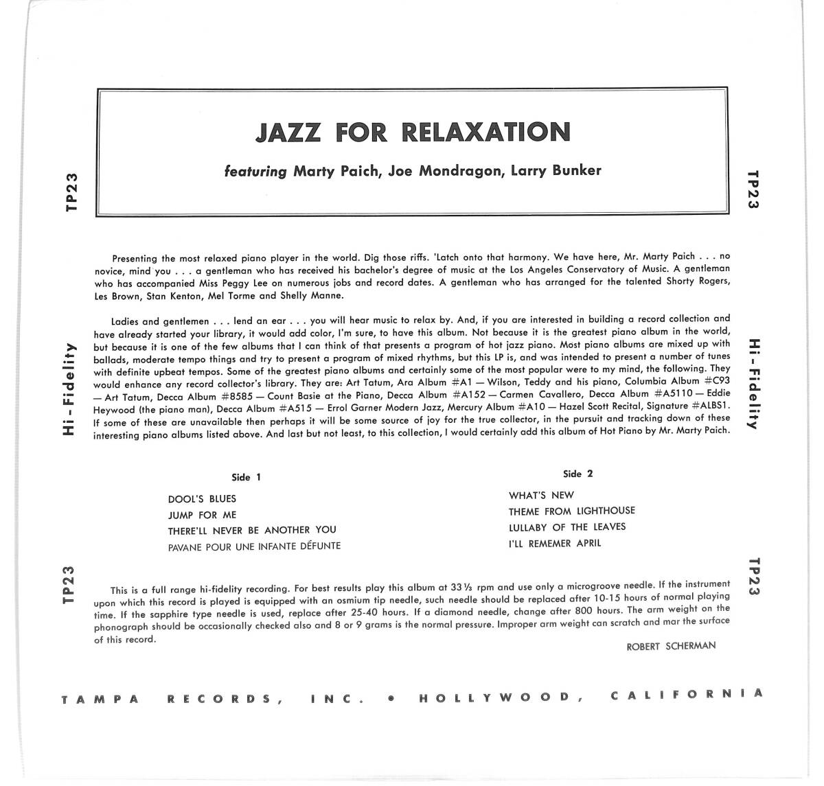 e3206/LP/米/ヌードジャケ/Marty Paich, Larry Bunker, Joe Mondragon/Jazz For Relaxationの画像2