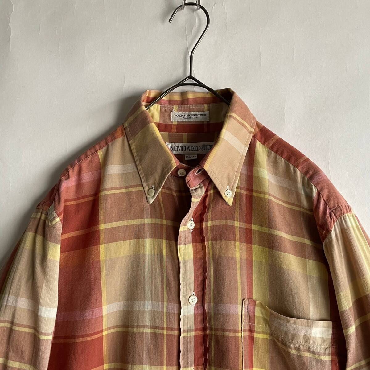 【USA製】 INDIVIDUALIZED SHIRTS インディビジュアライズドシャツ チェックシャツ マドラスチェック 茶系 イエロー size 14 1/2-33 skの画像3