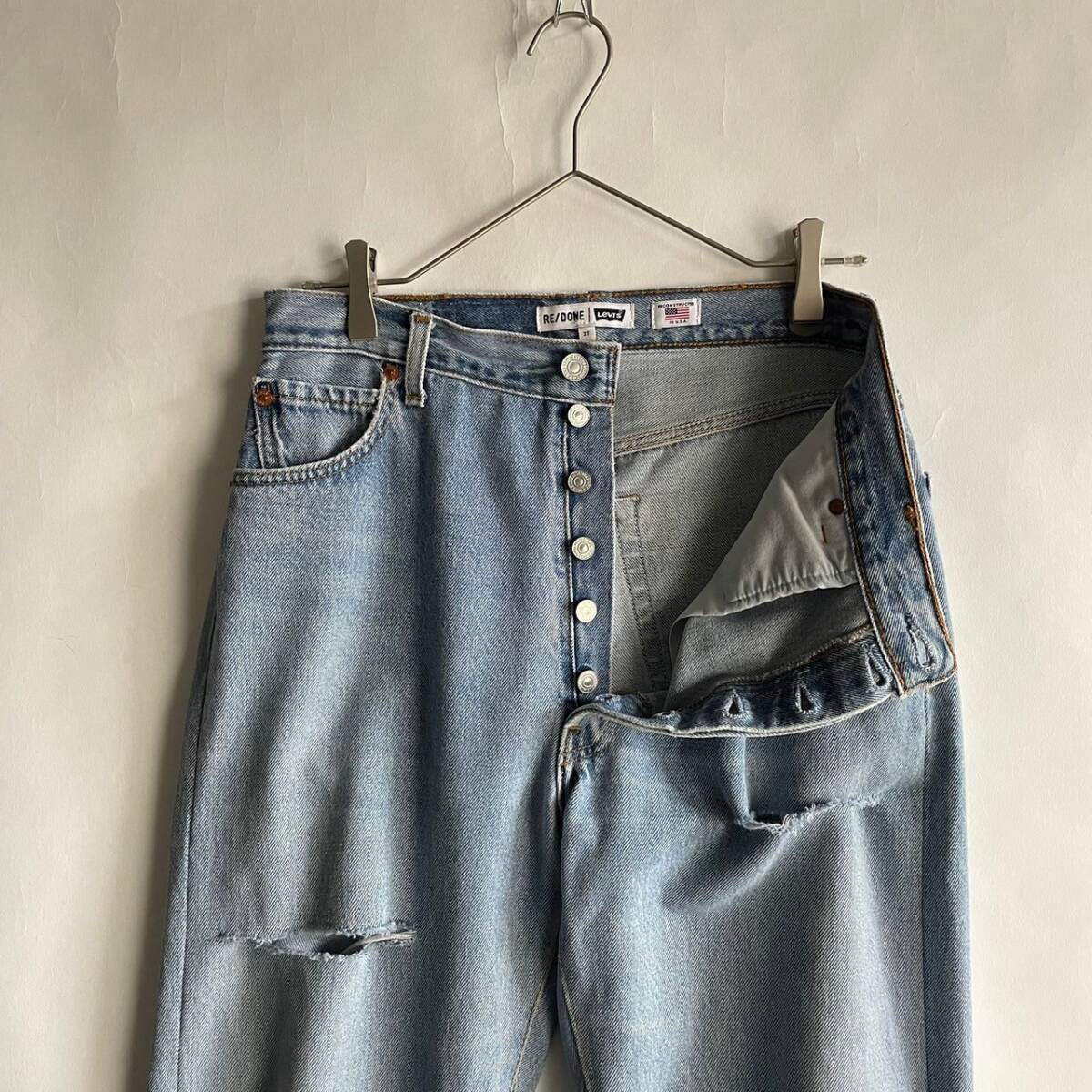 RE/DONE USA製 リダン levi's デニム リメイクデニム フレア ワイド ハイライズ 切りっぱなし ジーンズ ダメージ インディゴ size 27 skの画像4