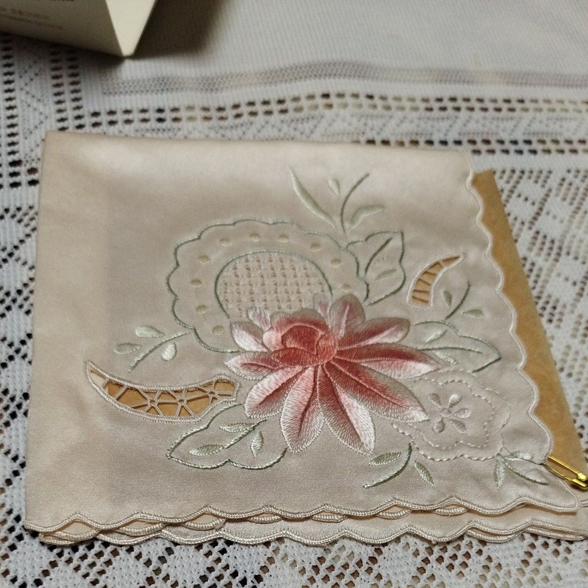 中国　汕頭　手刺繍　シルク　ハンカチ　30cm 未使用　花柄　SILK
