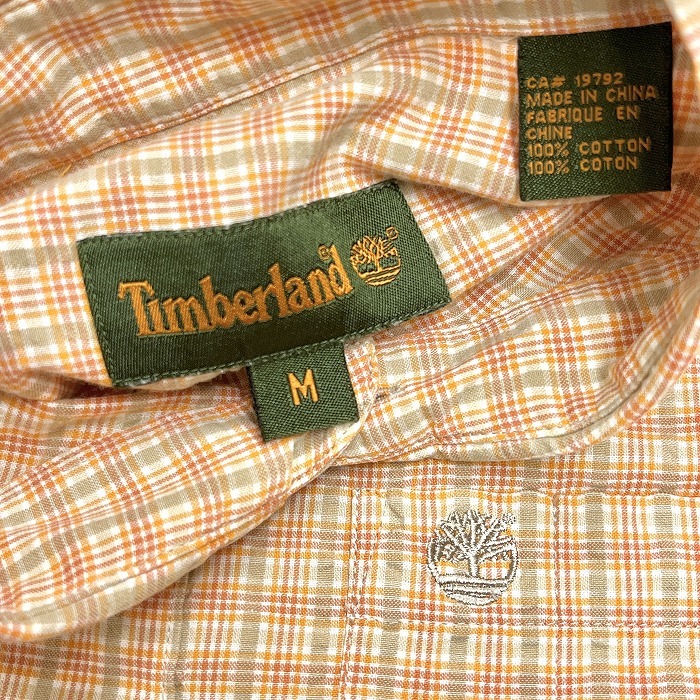 ティンバーランド Timberland シャツ 生地に若干クレープ感 チェック 胸ポケット 長袖 綿100% M オレンジ オレンジ×赤×カーキ×白 メンズ_画像3