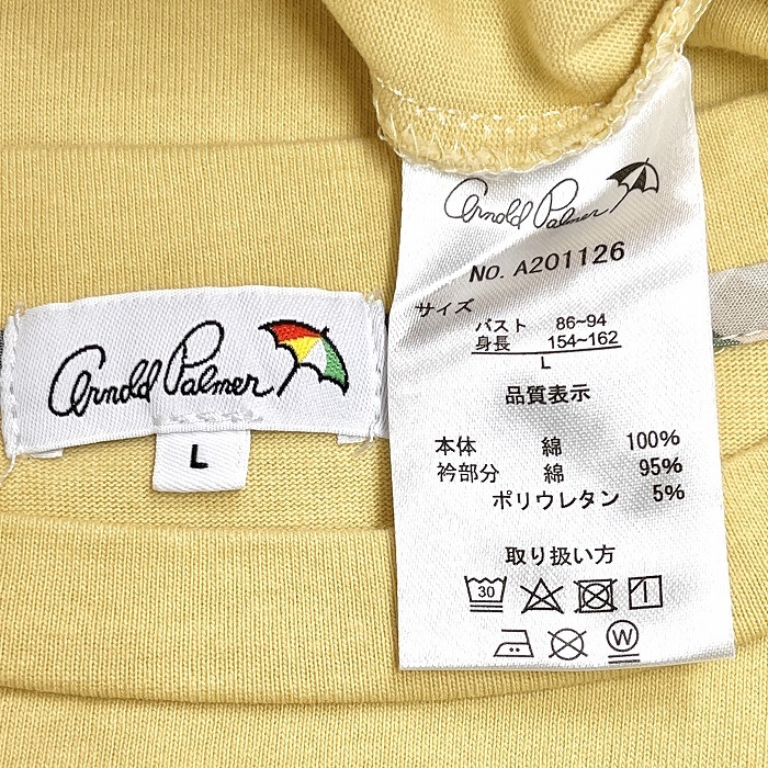 アーノルドパーマー Arnold Palmer Tシャツワンピース 裏地無し 半袖 ロング 丸裾 英字プリント 丸首 綿100% L イエロー 黄×茶 レディース_画像5