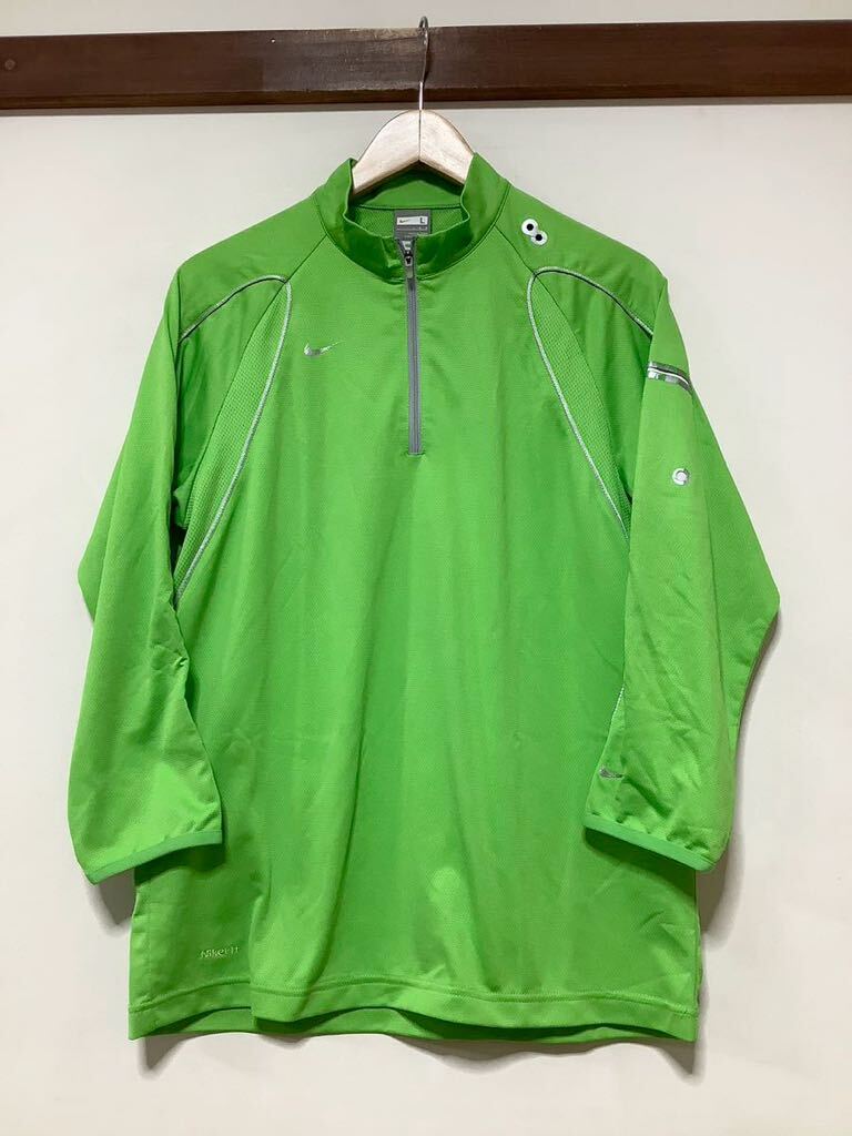 な1324 NIKE ナイキ ハーフジップ 七分袖メッシュTシャツ L 黄緑 グリーン ドライ 速乾 ロゴプリントの画像1