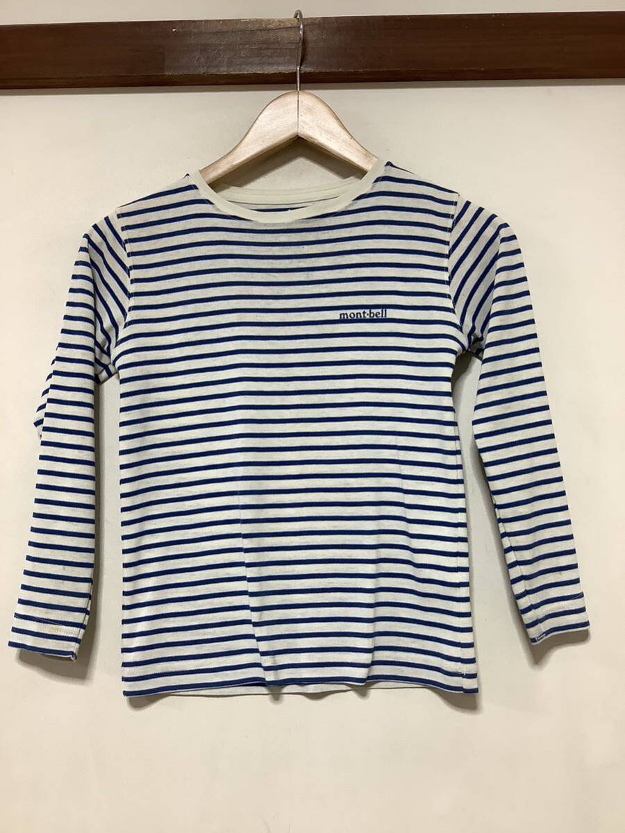 つ1305 mont-bell モンベル ボーダー 長袖Tシャツ ロンT 130 キッズ ホワイト/ブルー ドライ 速乾 ボーダーカットソー_画像1