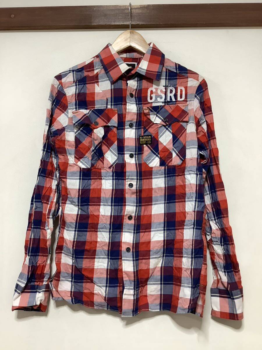 に1369 G-STAR RAW ジースターロウ チェック 長袖シャツ S タイト レッド/ネイビー/ホワイトの画像1