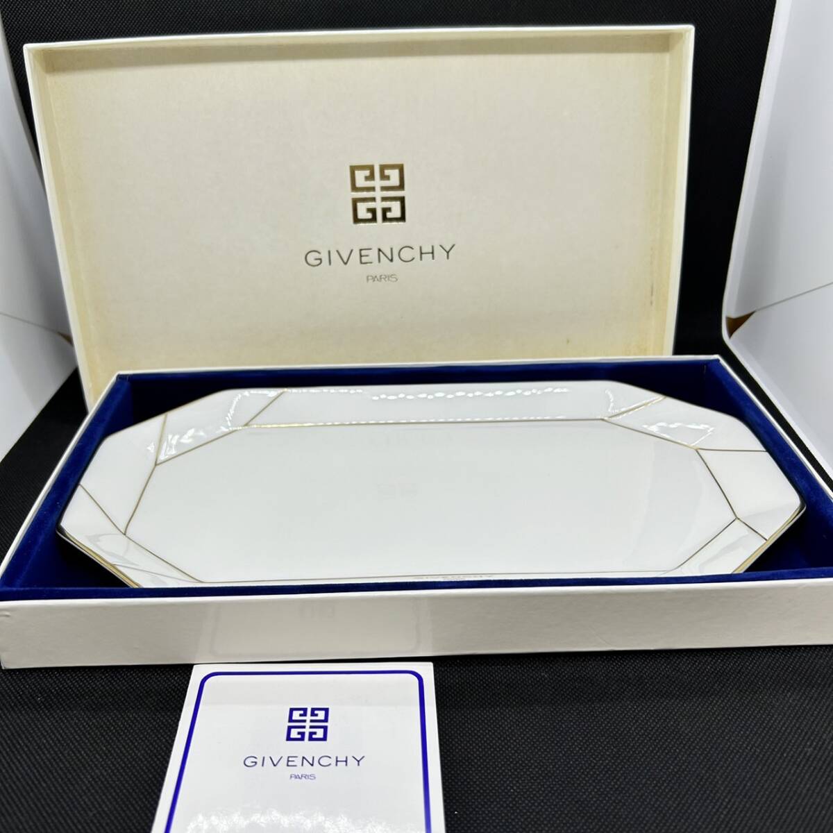 #8397C GIVENCHY PARIS 八角長皿 yamaka 金彩 ホワイト 横 約30.5cm 陶器 洋食器 未使用保管品の画像1