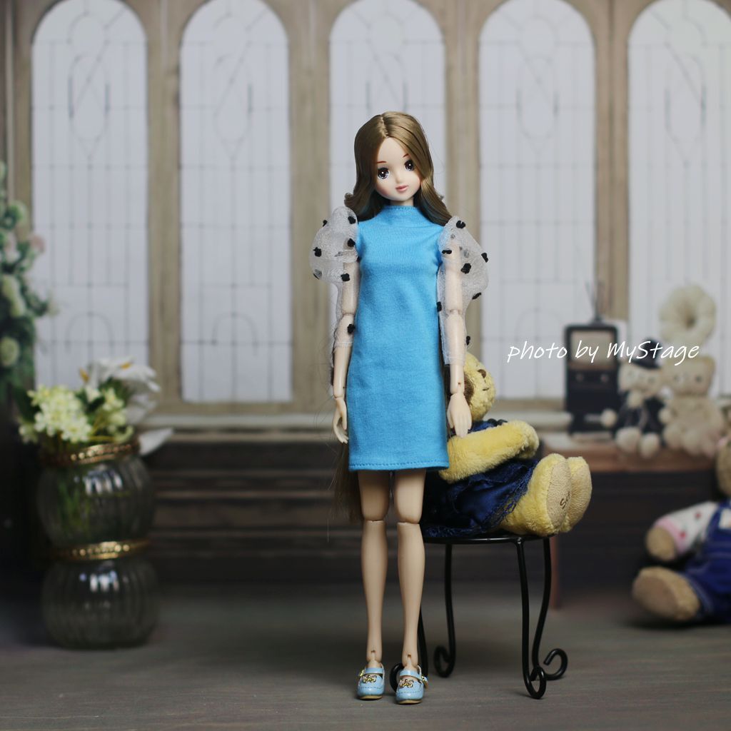 人形服msdr-24-154青バルーンスリーブワンピース　（momoko、MISAKI、ジェニー、SAJボディ、OBITSUボディ）_画像1