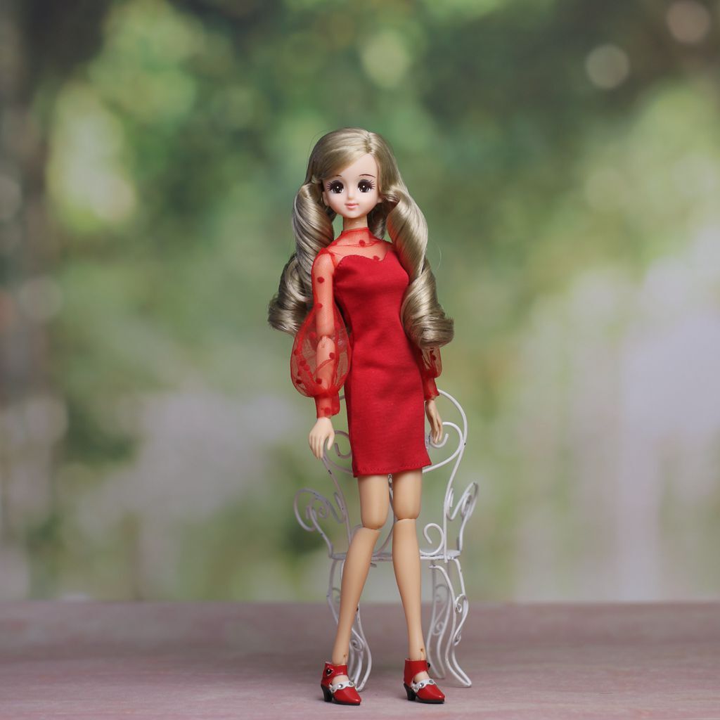 人形服msdr-24-145赤バルーンスリーブタイトワンピース （momoko、ジェニー、SAJボディ、OBITSUボディ）の画像1
