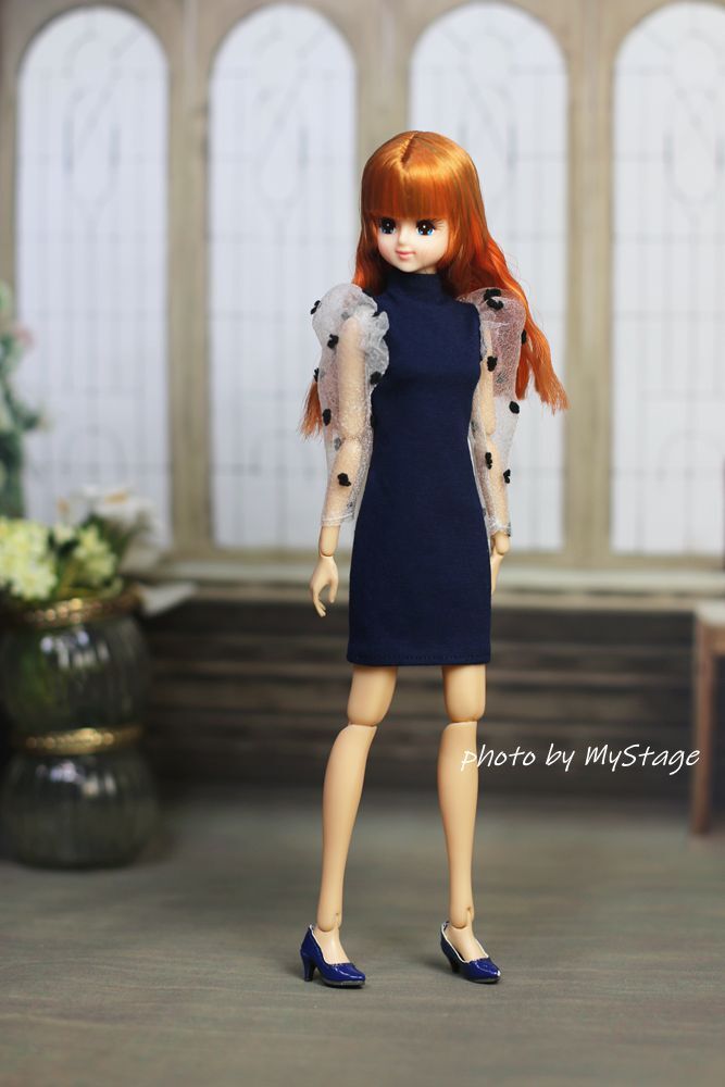 人形服msdr-24-147　紺色バルーンスリーブワンピース　（momoko、MISAKI、ジェニー、SAJボディ、OBITSUボディ）_画像2