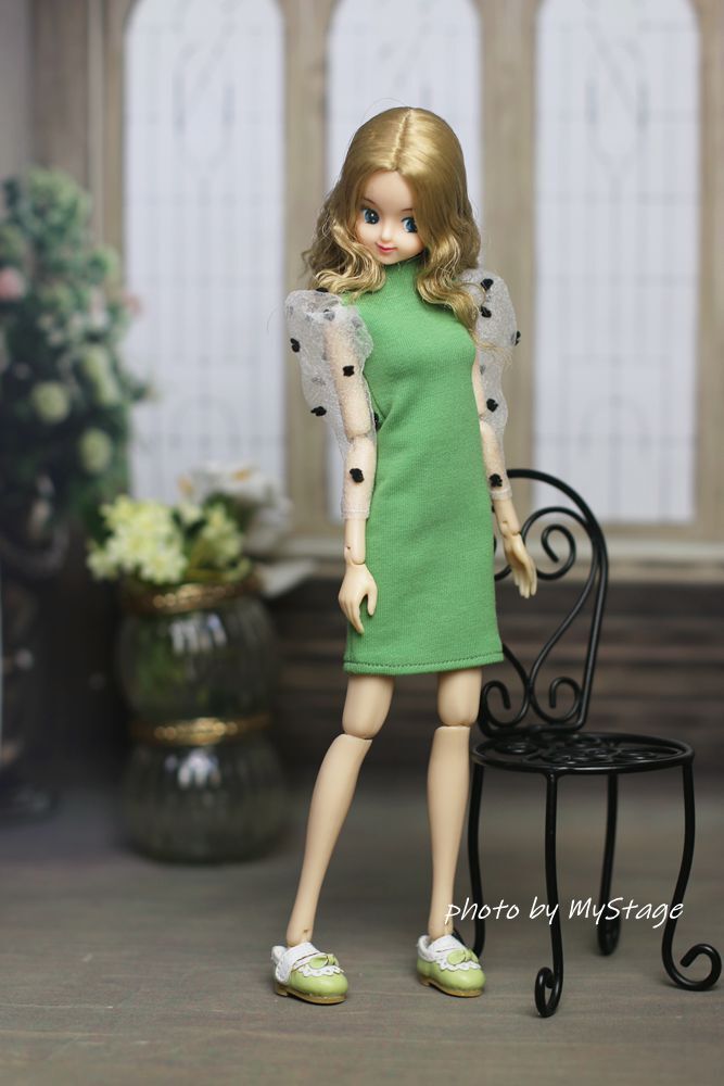 人形服msdr-24-149グリーン（苔色)バルーンスリーブワンピース　（momoko、MISAKI、ジェニー、SAJボディ、OBITSUボディ）_画像2