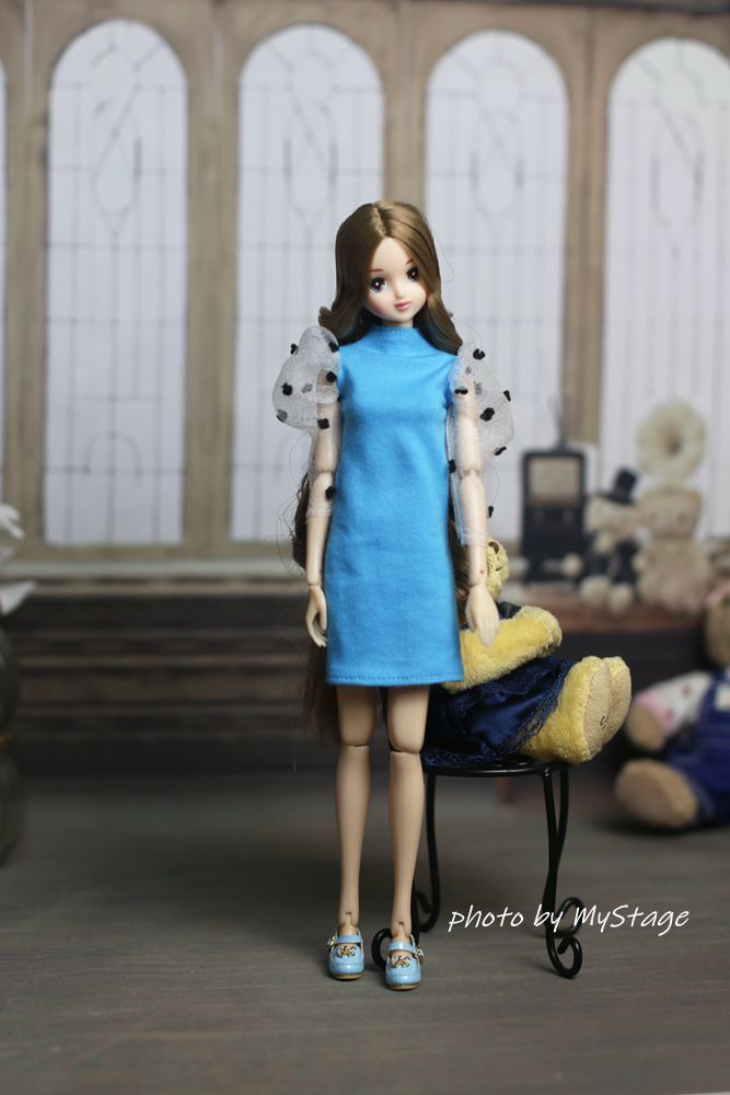 人形服msdr-24-154青バルーンスリーブワンピース　（momoko、MISAKI、ジェニー、SAJボディ、OBITSUボディ）_画像2