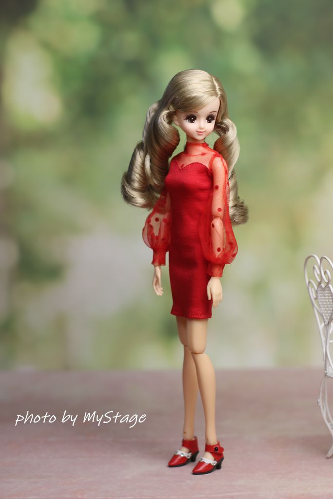 人形服msdr-24-145赤バルーンスリーブタイトワンピース （momoko、ジェニー、SAJボディ、OBITSUボディ）の画像2