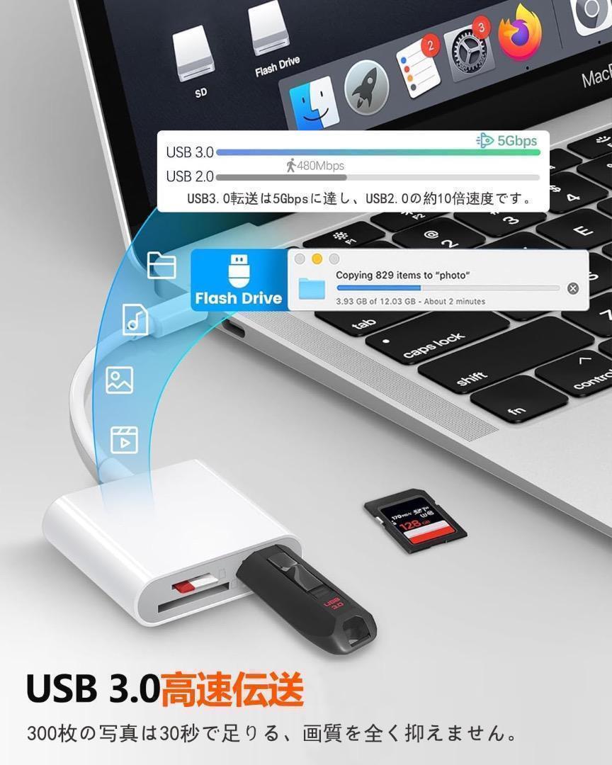 SDカードリーダー タイプC 3in1 変換アダプター USB3.0 iPhone iPad MacBook Chromebook Android 白 新品 未使用の画像4
