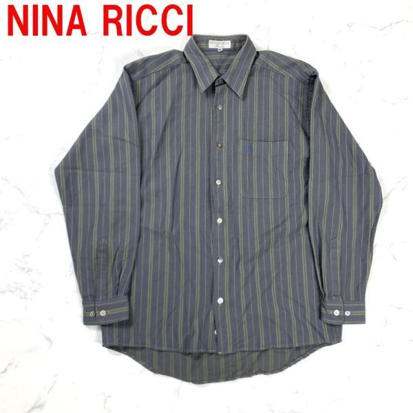 A2720 ニナリッチ 長袖シャツ ウール ストライプ NINA RICCI グリーン 胸ポケット ワンポイント刺 グレー 緑 M_画像1