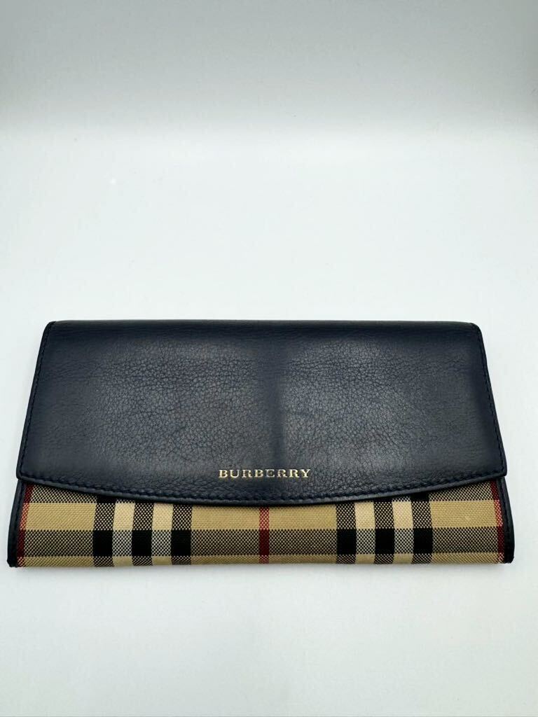 美品 バーバリー 長財布 ネイビー レザー 小銭入れ付き チェック メンズ レディース 二つ折り財布 カードケース コインケース|