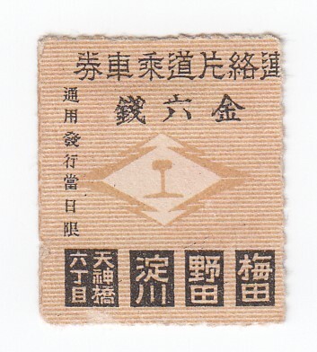 阪神電鉄、阪神電気鉄道　切符22　連絡片道乗車券　金6銭　北大阪線、梅田、野田、淀川、天神橋六丁目　_画像1