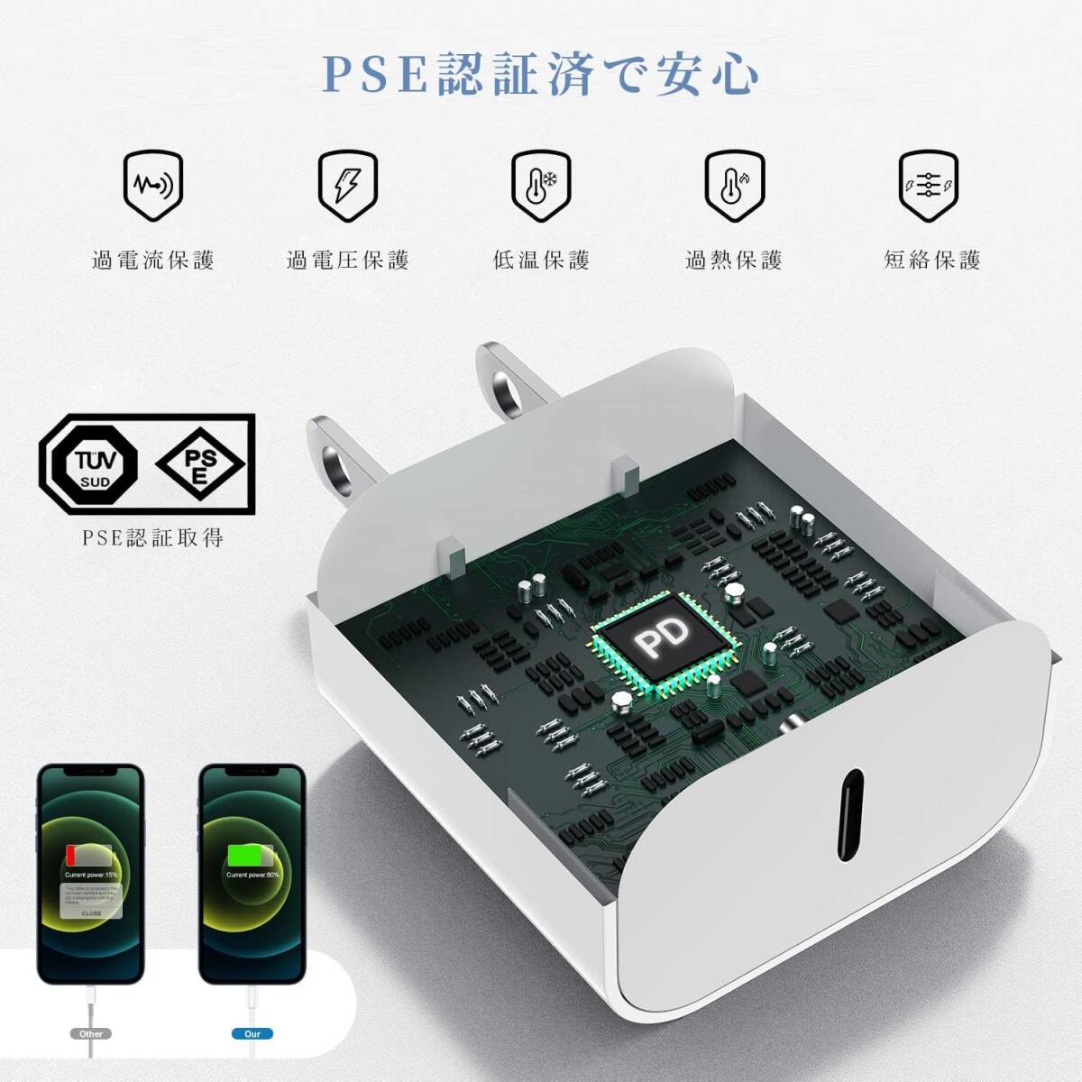 充電器 20W PD 急速充電 [MFi/PSE認証済み] USB C - Lightning ケーブル 2m付き Type C スマホ 電源アダプター タイプC アイフォン