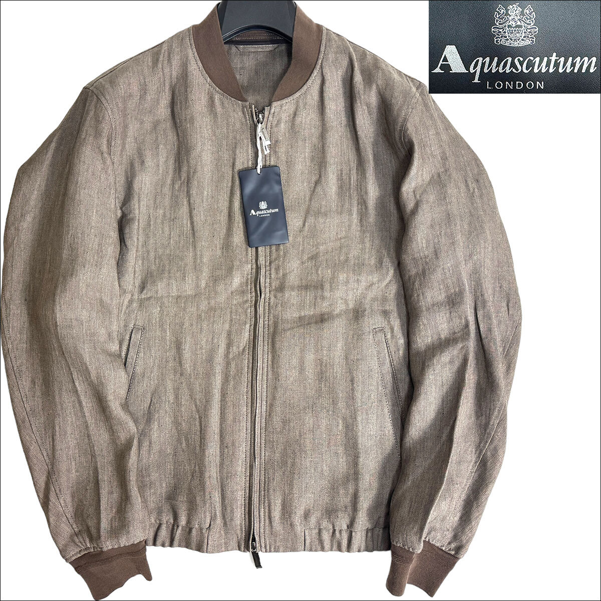 J5140 新品 アクアスキュータム リネン100% ヘリンボーン ジップアップブルゾン ブラウン 38 Aquascutum_画像1