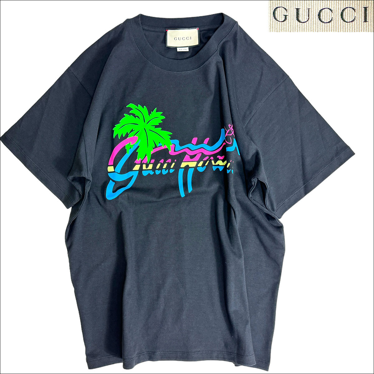 J6408 美品 グッチ 20AW ハワイアン Hawaiian Tシャツ ブラック XS(M~L相当) GUCCIの画像1