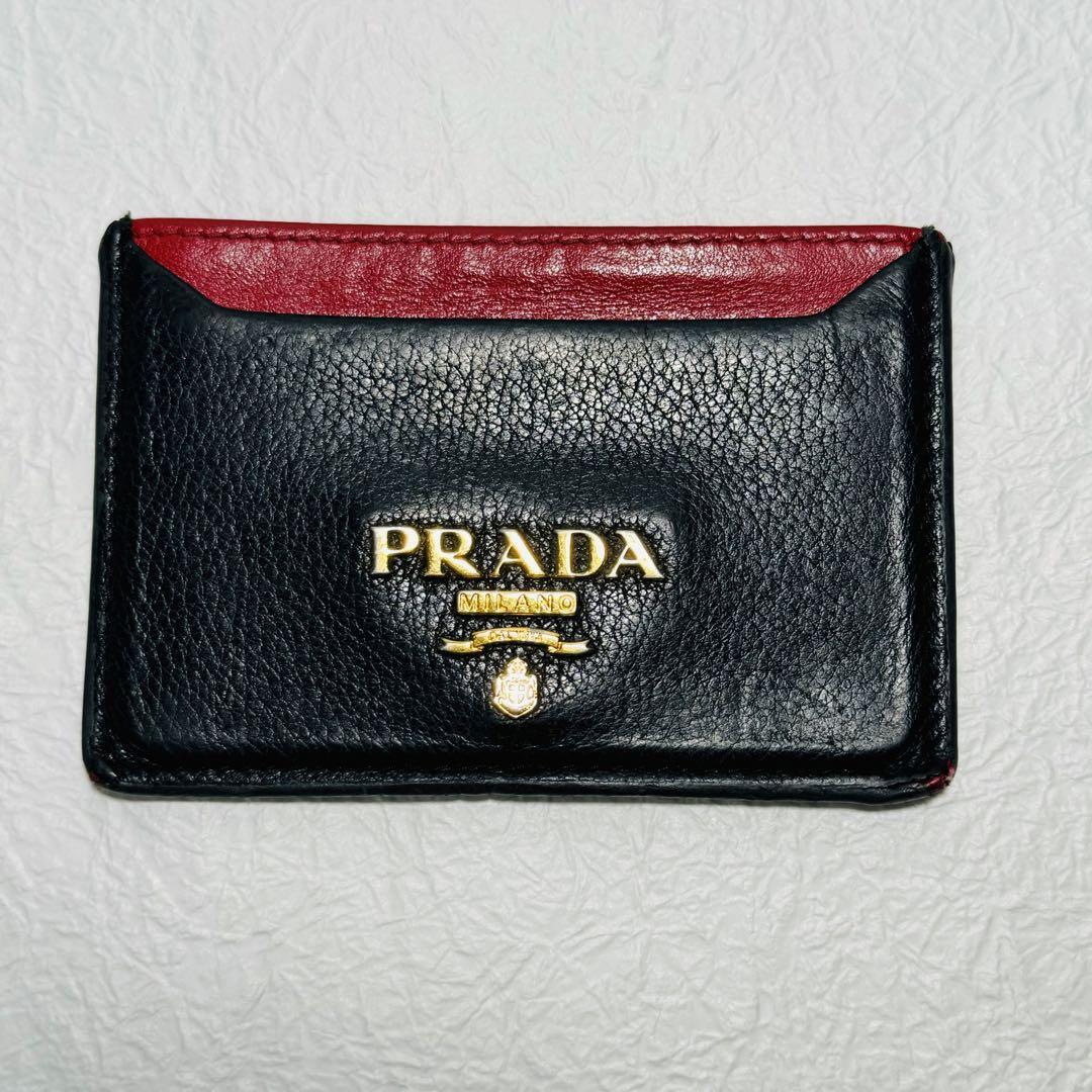 ★1円スタート★ プラダ カードケース レザー バイカラー 赤 黒 PRADAの画像1