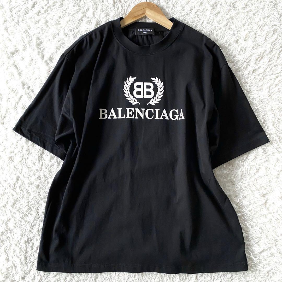 極美品/Lサイズ ●BALENCIAGA バレンシアガ 半袖 Tシャツ カットソー ビッグロゴ ビッグシルエット 黒 ブラック トップス コットン 綿_画像1