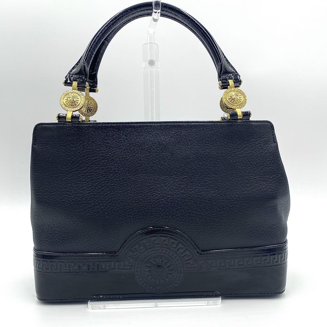  rare model *GIANNI VERSAC Gianni Versace handbag mete.-sa sun Burst sun leather original leather type pushed . enamel black black 
