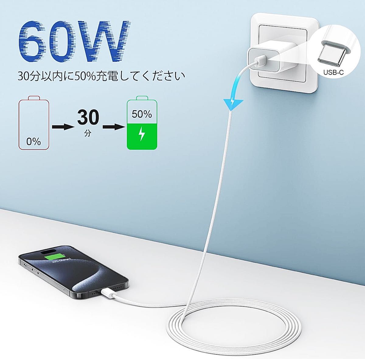 iphone 15 USB/Type-C ケーブル PD対応 60W 急速充電 データ転送  Type C to Type C