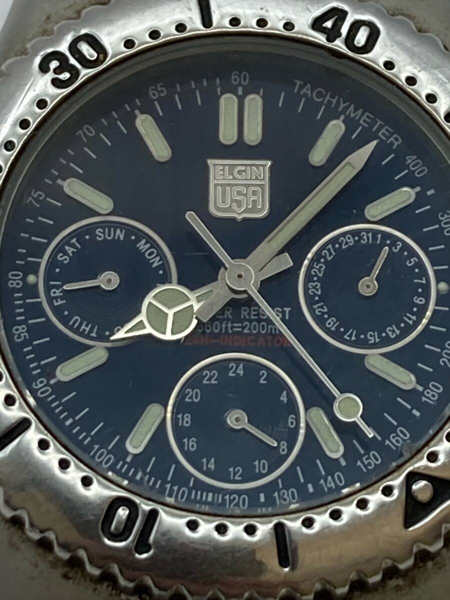 【7518】 ★1円スタート ELGIN エルジン FK-666-C クォーツ QZ クロノグラフ 3針 腕時計 青文字盤の画像9