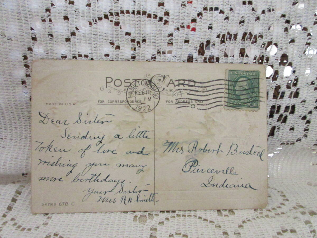 USA製 アンティーク ポストカード 絵葉書 エンボス カーネーション 山 木 水辺 アメリカ切手1922年の画像2