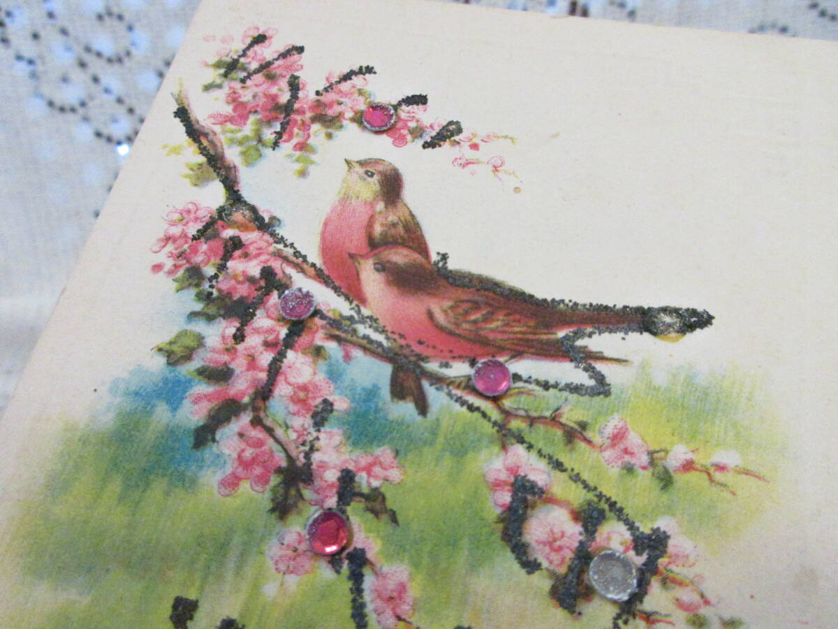 USA製 アンティーク ポストカード 絵葉書 グリッター スパンコール装飾 小鳥 お花の樹 メッセージ 未投函の画像2