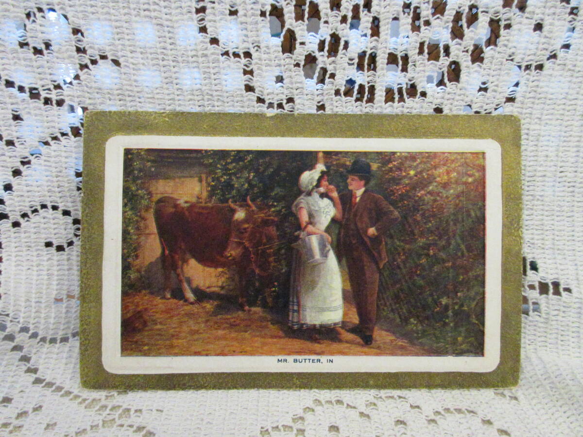 アンティーク 絵葉書 ポストカード 人物 牛 金彩 アメリカ切手1910年の画像1