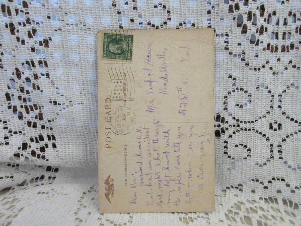 アンティーク 絵葉書 ポストカード エンボス パンジー 人物 メッセージ 金彩 アメリカ切手1911年の画像2